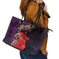 Pasifika Festival Leather Tote Bag Plumeria Turtles with Hibiscus - Polynesian Art Tattoo Purple Color