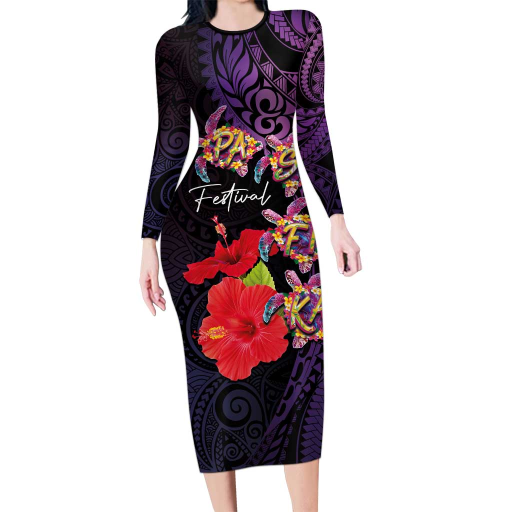 Pasifika Festival Long Sleeve Bodycon Dress Plumeria Turtles with Hibiscus - Polynesian Art Tattoo Purple Color LT03 Long Dress Purple - Polynesian Pride