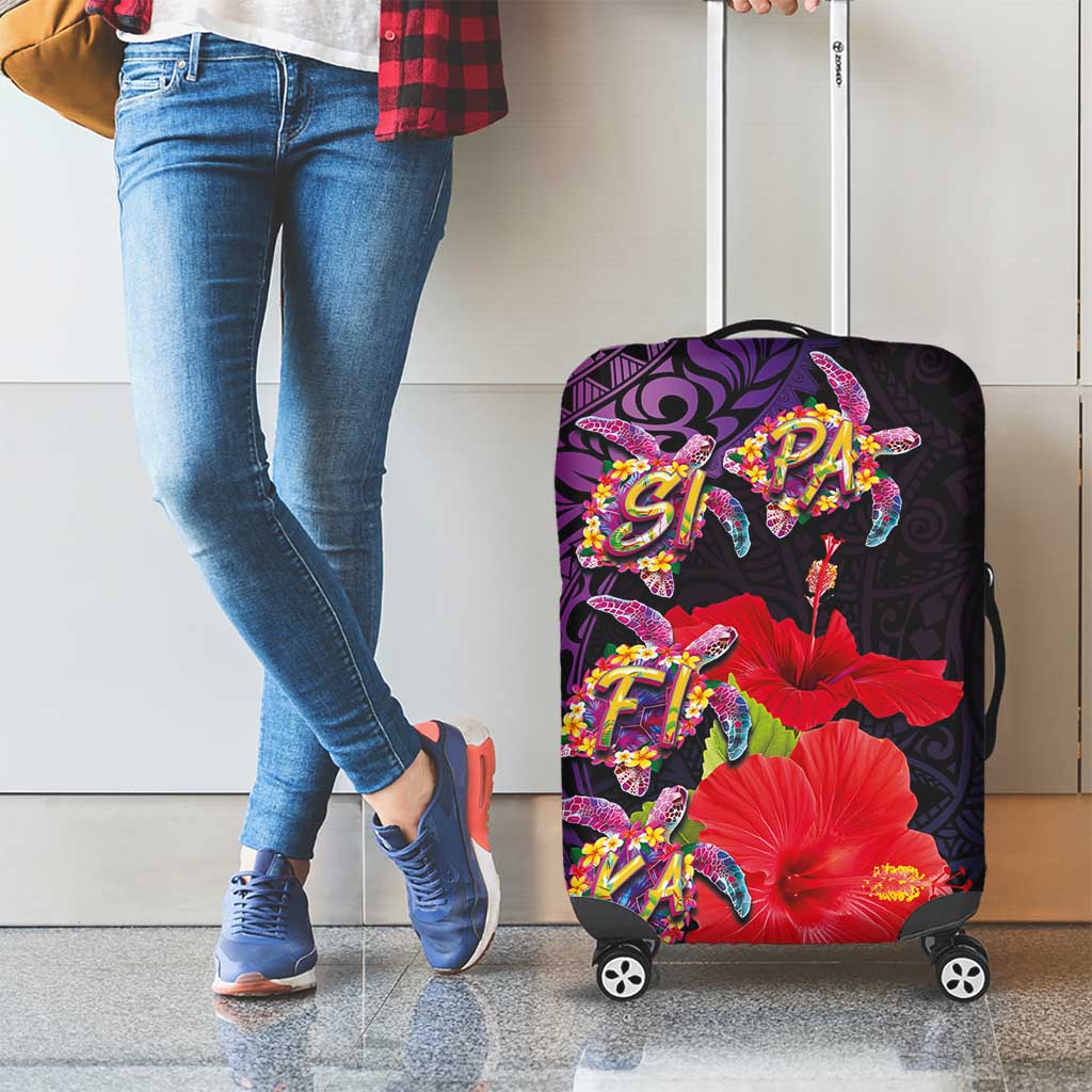 Pasifika Festival Luggage Cover Plumeria Turtles with Hibiscus - Polynesian Art Tattoo Purple Color LT03 - Polynesian Pride