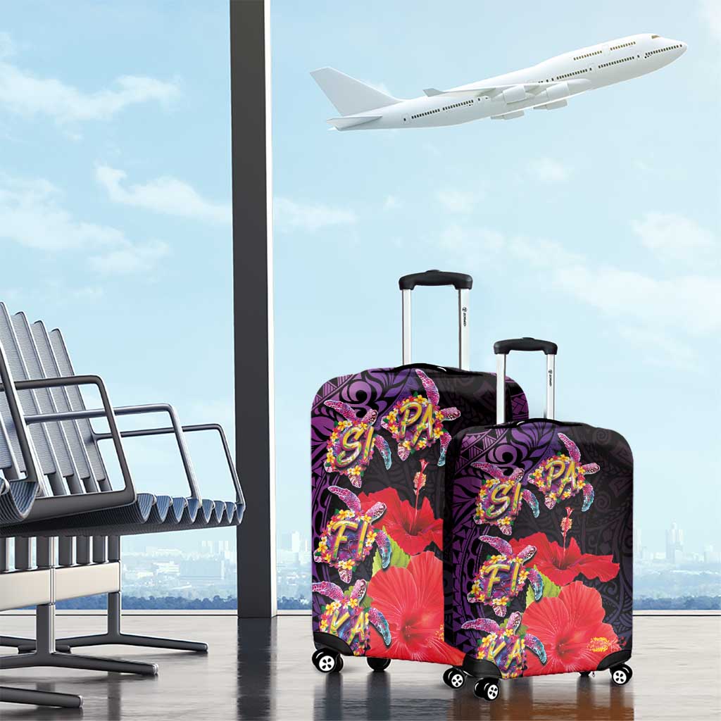 Pasifika Festival Luggage Cover Plumeria Turtles with Hibiscus - Polynesian Art Tattoo Purple Color LT03 - Polynesian Pride