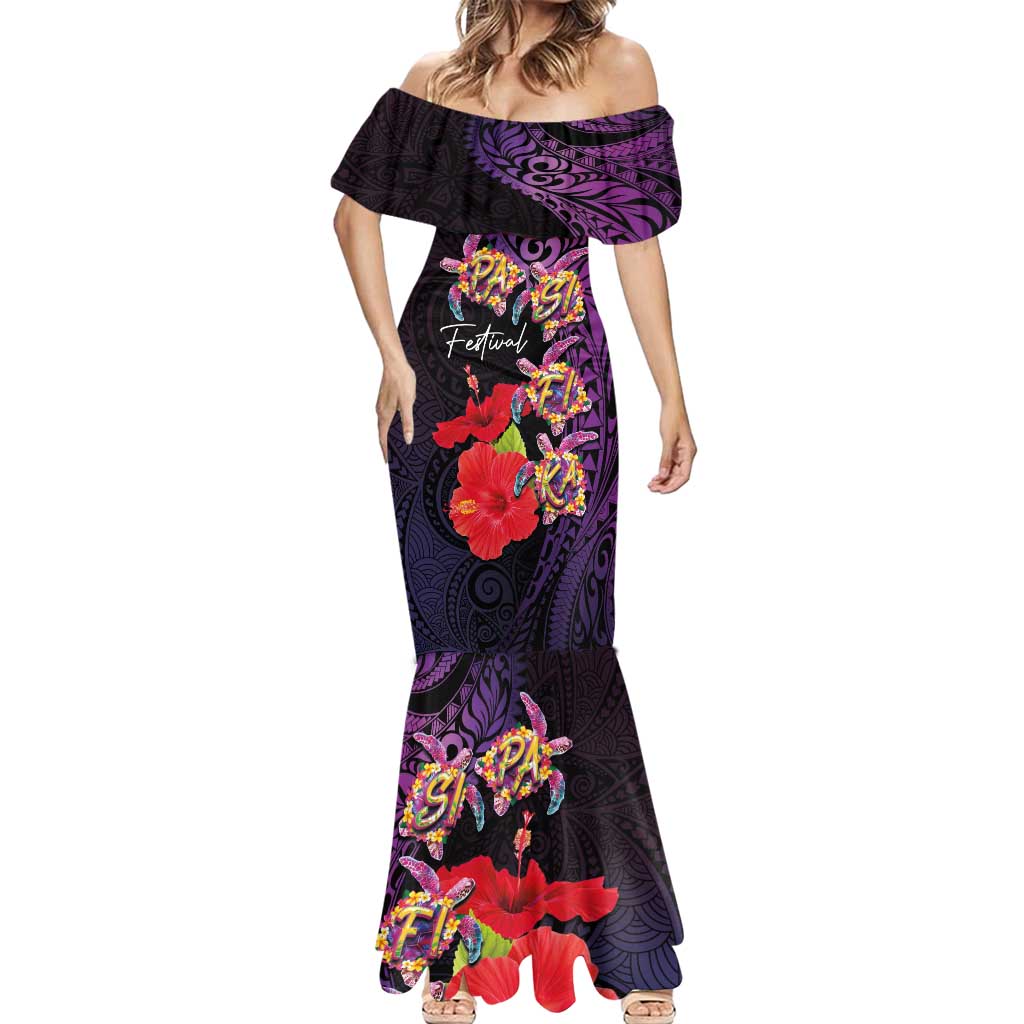 Pasifika Festival Mermaid Dress Plumeria Turtles with Hibiscus - Polynesian Art Tattoo Purple Color LT03 - Polynesian Pride