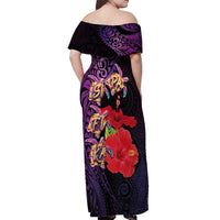 Pasifika Festival Off Shoulder Maxi Dress Plumeria Turtles with Hibiscus - Polynesian Art Tattoo Purple Color LT03 - Polynesian Pride