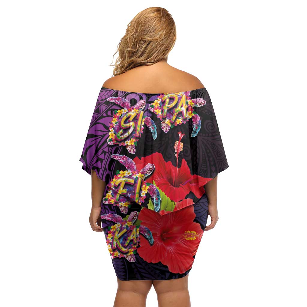 Pasifika Festival Off Shoulder Short Dress Plumeria Turtles with Hibiscus - Polynesian Art Tattoo Purple Color LT03 - Polynesian Pride