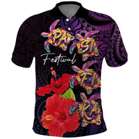 Pasifika Festival Polo Shirt Plumeria Turtles with Hibiscus - Polynesian Art Tattoo Purple Color
