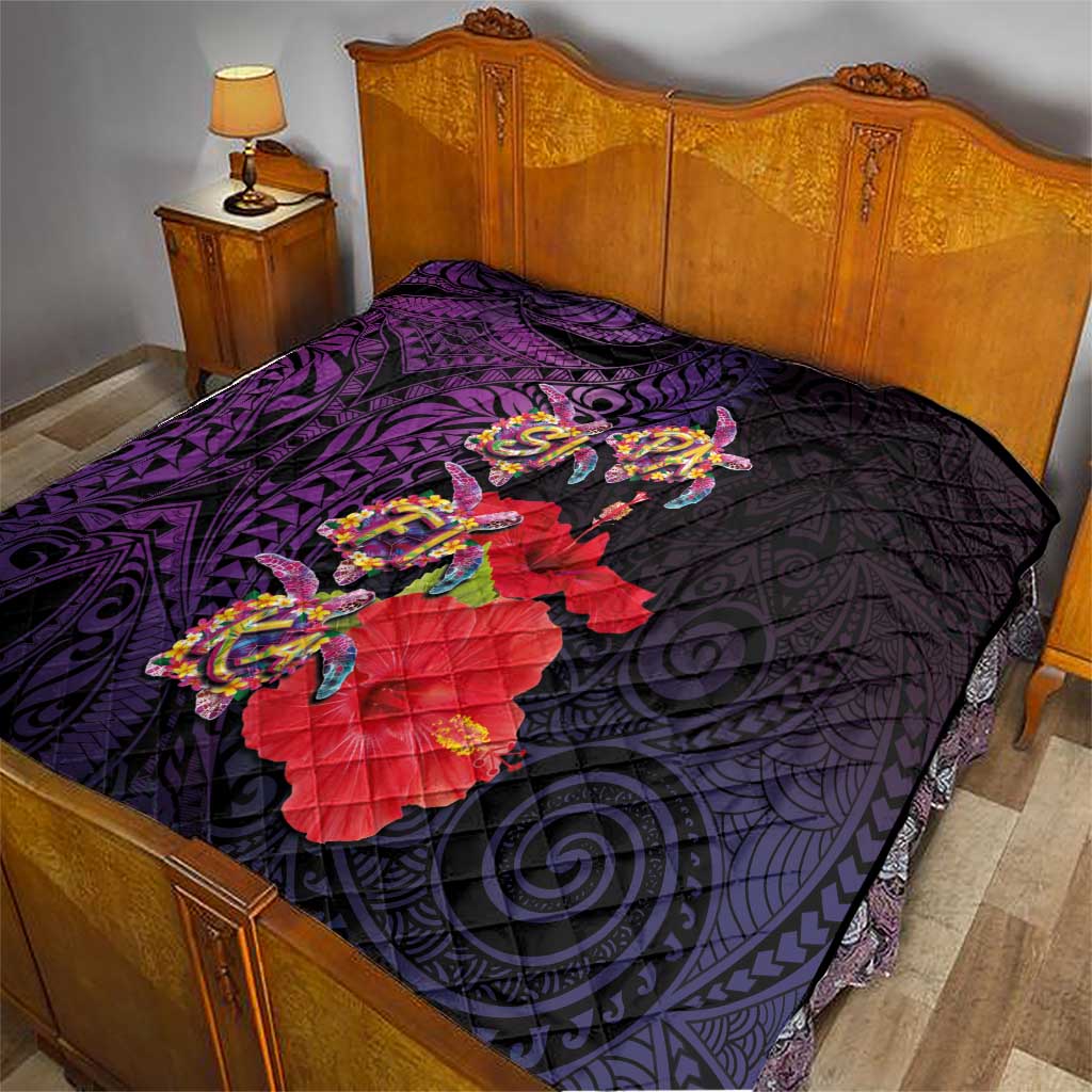 Pasifika Festival Quilt Plumeria Turtles with Hibiscus - Polynesian Art Tattoo Purple Color LT03 - Polynesian Pride