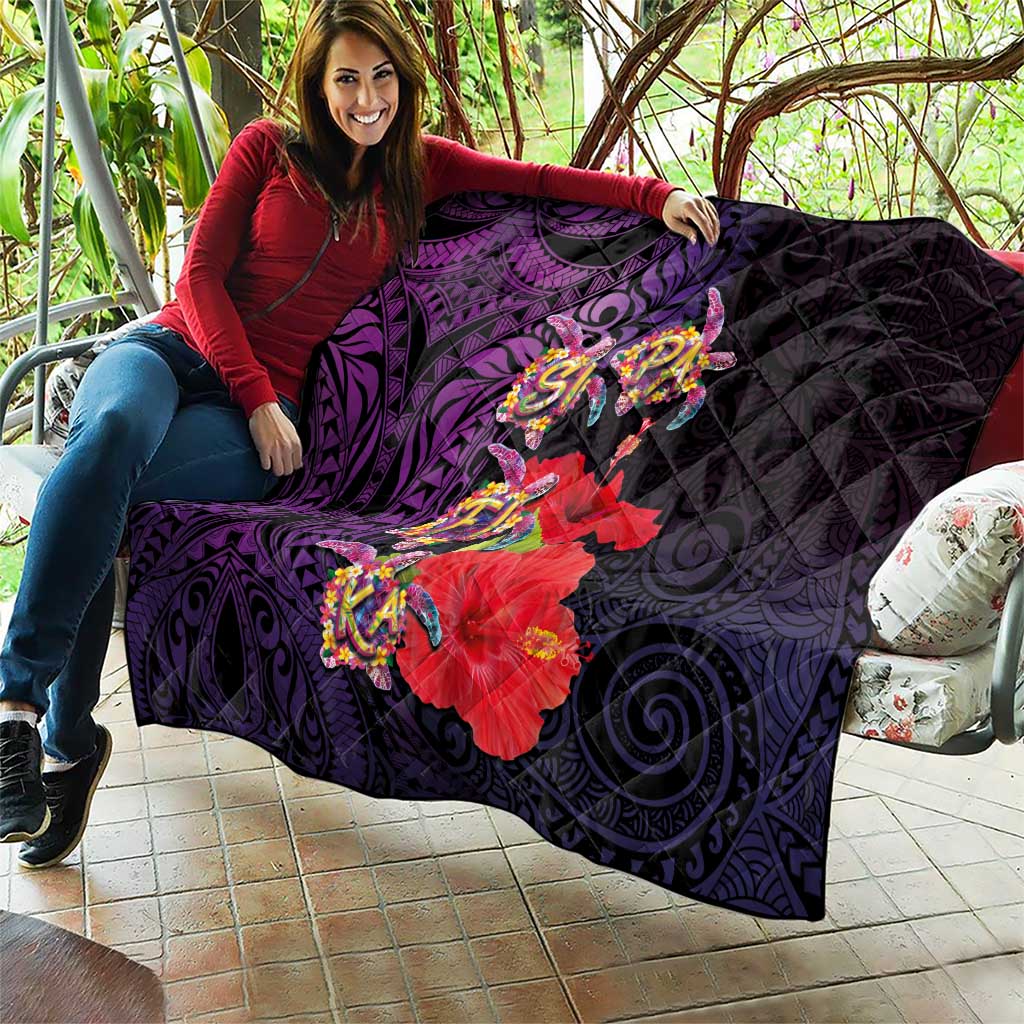 Pasifika Festival Quilt Plumeria Turtles with Hibiscus - Polynesian Art Tattoo Purple Color LT03 - Polynesian Pride