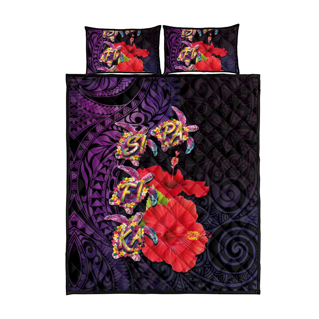 Pasifika Festival Quilt Bed Set Plumeria Turtles with Hibiscus - Polynesian Art Tattoo Purple Color LT03 - Polynesian Pride