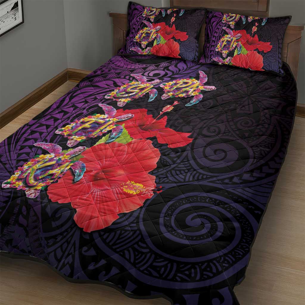 Pasifika Festival Quilt Bed Set Plumeria Turtles with Hibiscus - Polynesian Art Tattoo Purple Color LT03 - Polynesian Pride