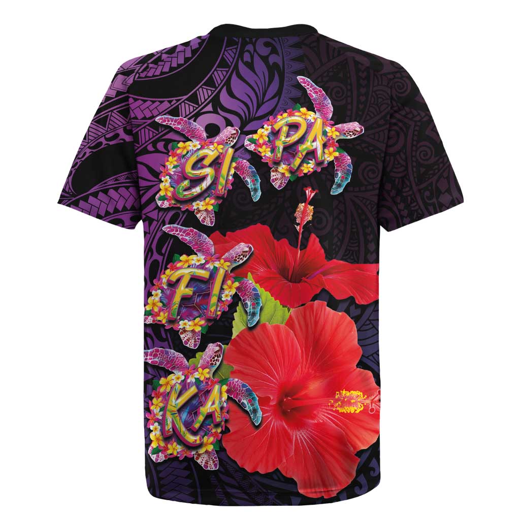 Pasifika Festival Rugby Jersey Plumeria Turtles with Hibiscus - Polynesian Art Tattoo Purple Color