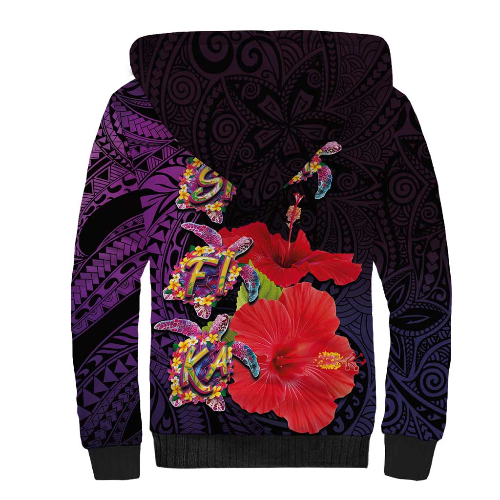 Pasifika Festival Sherpa Hoodie Plumeria Turtles with Hibiscus - Polynesian Art Tattoo Purple Color
