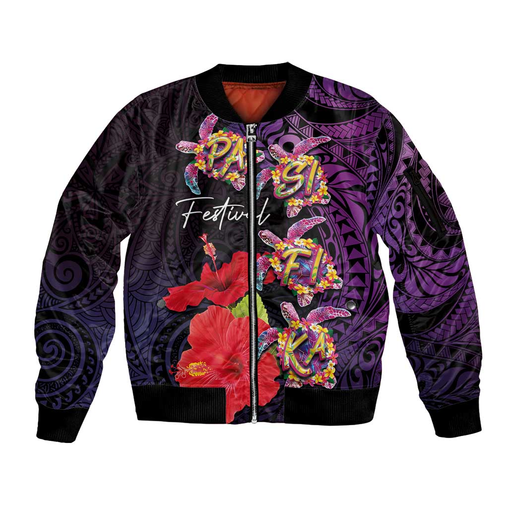 Pasifika Festival Sleeve Zip Bomber Jacket Plumeria Turtles with Hibiscus - Polynesian Art Tattoo Purple Color LT03 Unisex Purple - Polynesian Pride