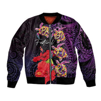Pasifika Festival Sleeve Zip Bomber Jacket Plumeria Turtles with Hibiscus - Polynesian Art Tattoo Purple Color LT03 Unisex Purple - Polynesian Pride