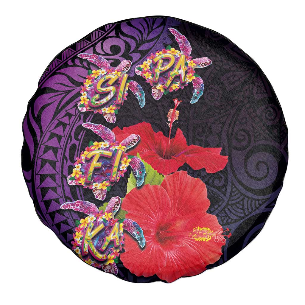 Pasifika Festival Spare Tire Cover Plumeria Turtles with Hibiscus - Polynesian Art Tattoo Purple Color