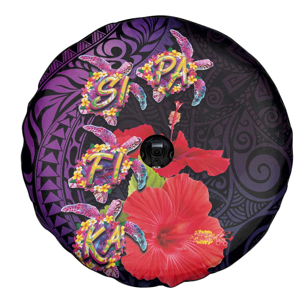 Pasifika Festival Spare Tire Cover Plumeria Turtles with Hibiscus - Polynesian Art Tattoo Purple Color