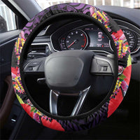 Pasifika Festival Steering Wheel Cover Plumeria Turtles with Hibiscus - Polynesian Art Tattoo Purple Color