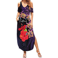 Pasifika Festival Summer Maxi Dress Plumeria Turtles with Hibiscus - Polynesian Art Tattoo Purple Color LT03 Women Purple - Polynesian Pride