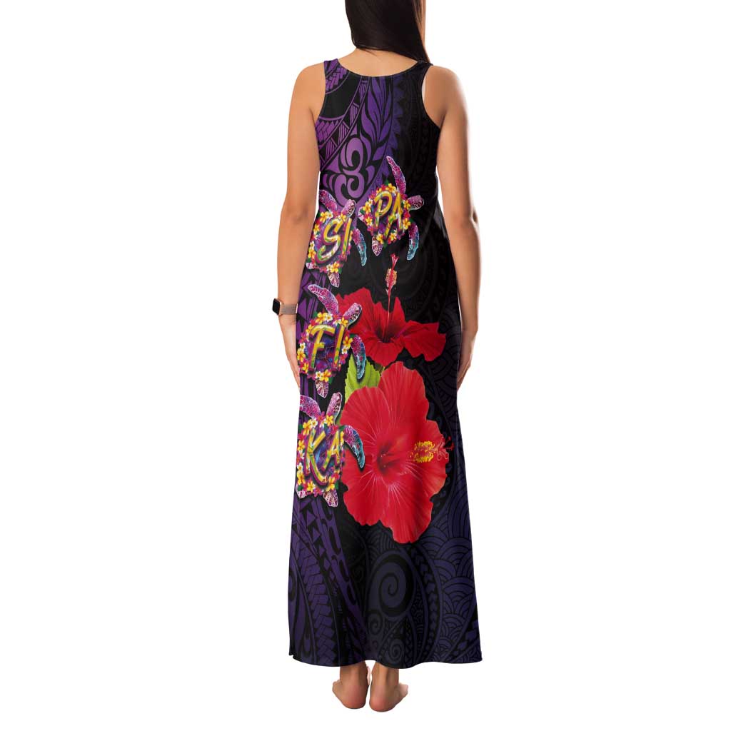 Pasifika Festival Tank Maxi Dress Plumeria Turtles with Hibiscus - Polynesian Art Tattoo Purple Color LT03 - Polynesian Pride