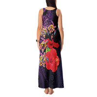 Pasifika Festival Tank Maxi Dress Plumeria Turtles with Hibiscus - Polynesian Art Tattoo Purple Color LT03 - Polynesian Pride