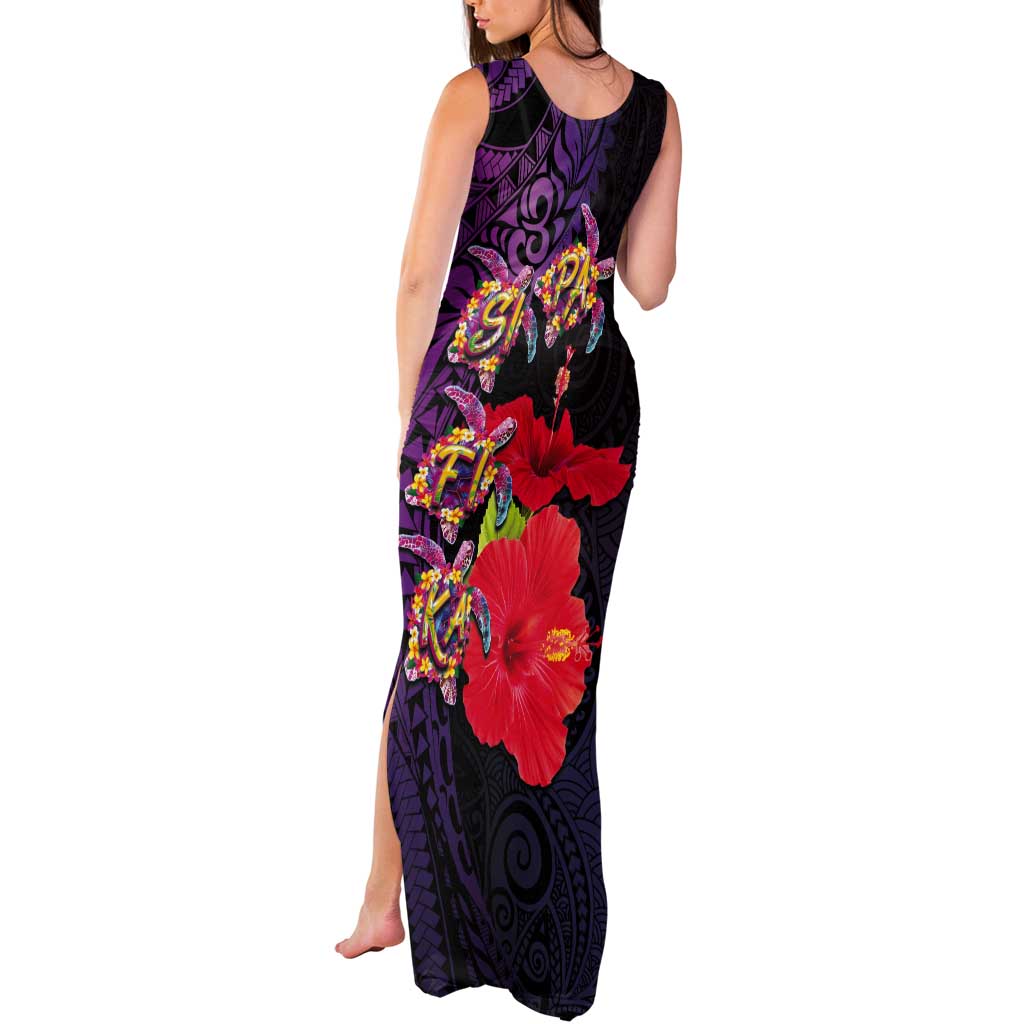 Pasifika Festival Tank Maxi Dress Plumeria Turtles with Hibiscus - Polynesian Art Tattoo Purple Color LT03 - Polynesian Pride