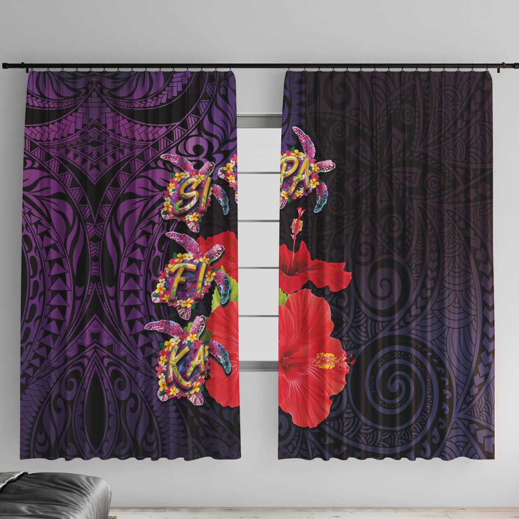 Pasifika Festival Window Curtain Plumeria Turtles with Hibiscus - Polynesian Art Tattoo Purple Color