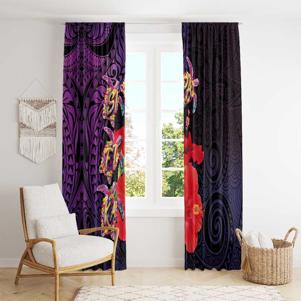 Pasifika Festival Window Curtain Plumeria Turtles with Hibiscus - Polynesian Art Tattoo Purple Color