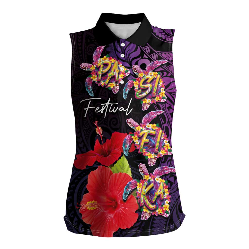 Pasifika Festival Women Sleeveless Polo Shirt Plumeria Turtles with Hibiscus - Polynesian Art Tattoo Purple Color LT03 Female Purple - Polynesian Pride