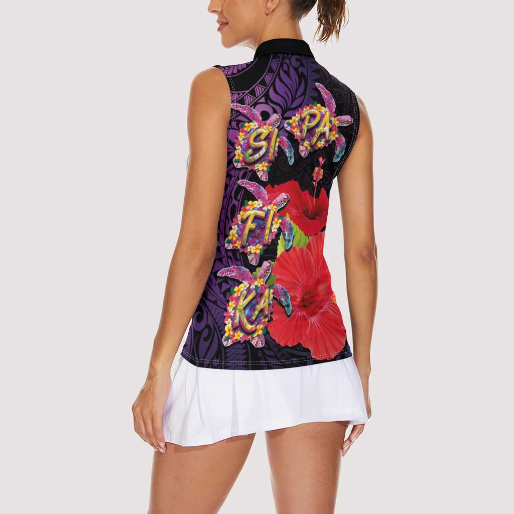 Pasifika Festival Women Sleeveless Polo Shirt Plumeria Turtles with Hibiscus - Polynesian Art Tattoo Purple Color LT03 - Polynesian Pride
