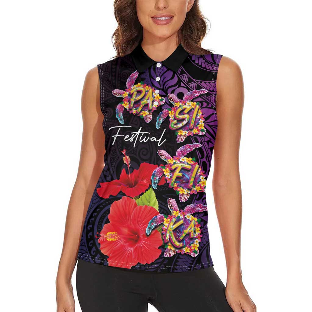 Pasifika Festival Women Sleeveless Polo Shirt Plumeria Turtles with Hibiscus - Polynesian Art Tattoo Purple Color LT03 - Polynesian Pride