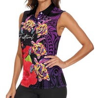 Pasifika Festival Women Sleeveless Polo Shirt Plumeria Turtles with Hibiscus - Polynesian Art Tattoo Purple Color LT03 - Polynesian Pride
