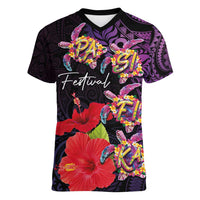 Pasifika Festival Women V-Neck T-Shirt Plumeria Turtles with Hibiscus - Polynesian Art Tattoo Purple Color LT03 Female Purple - Polynesian Pride