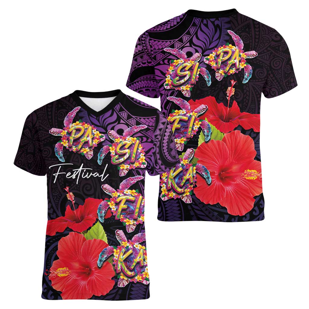 Pasifika Festival Women V-Neck T-Shirt Plumeria Turtles with Hibiscus - Polynesian Art Tattoo Purple Color LT03 - Polynesian Pride