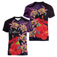 Pasifika Festival Women V-Neck T-Shirt Plumeria Turtles with Hibiscus - Polynesian Art Tattoo Purple Color LT03 - Polynesian Pride