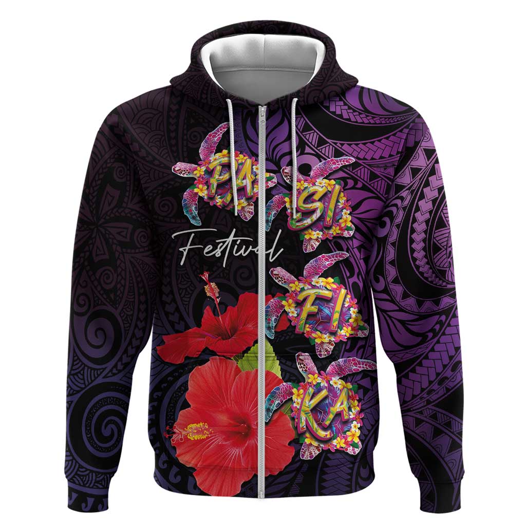 Pasifika Festival Zip Hoodie Plumeria Turtles with Hibiscus - Polynesian Art Tattoo Purple Color LT03 Zip Hoodie Purple - Polynesian Pride