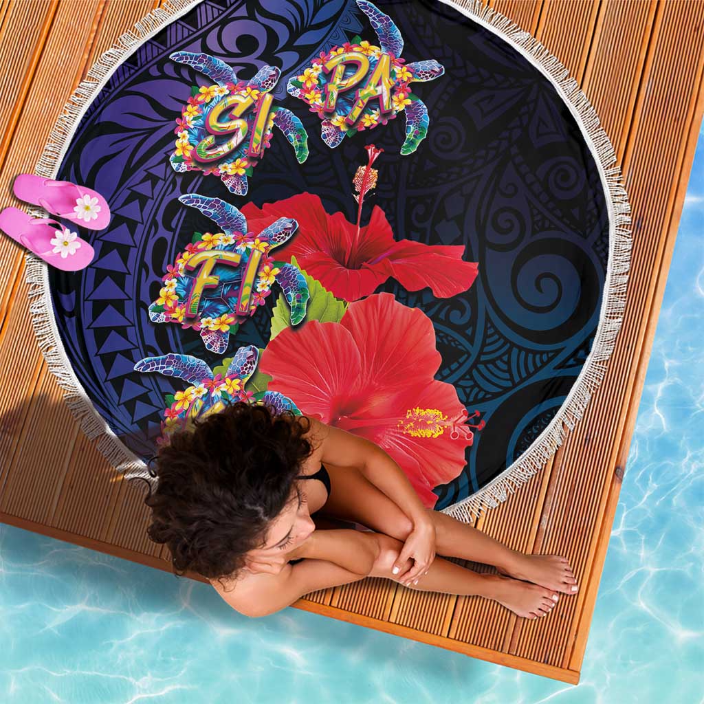 Pasifika Festival Beach Blanket Plumeria Turtles with Hibiscus - Polynesian Art Tattoo Dark Navy Color