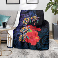 Pasifika Festival Blanket Plumeria Turtles with Hibiscus - Polynesian Art Tattoo Dark Navy Color