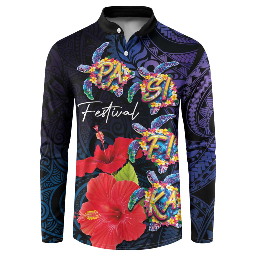Pasifika Festival Button Sweatshirt Plumeria Turtles with Hibiscus - Polynesian Art Tattoo Dark Navy Color