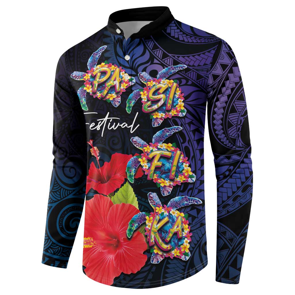 Pasifika Festival Button Sweatshirt Plumeria Turtles with Hibiscus - Polynesian Art Tattoo Dark Navy Color