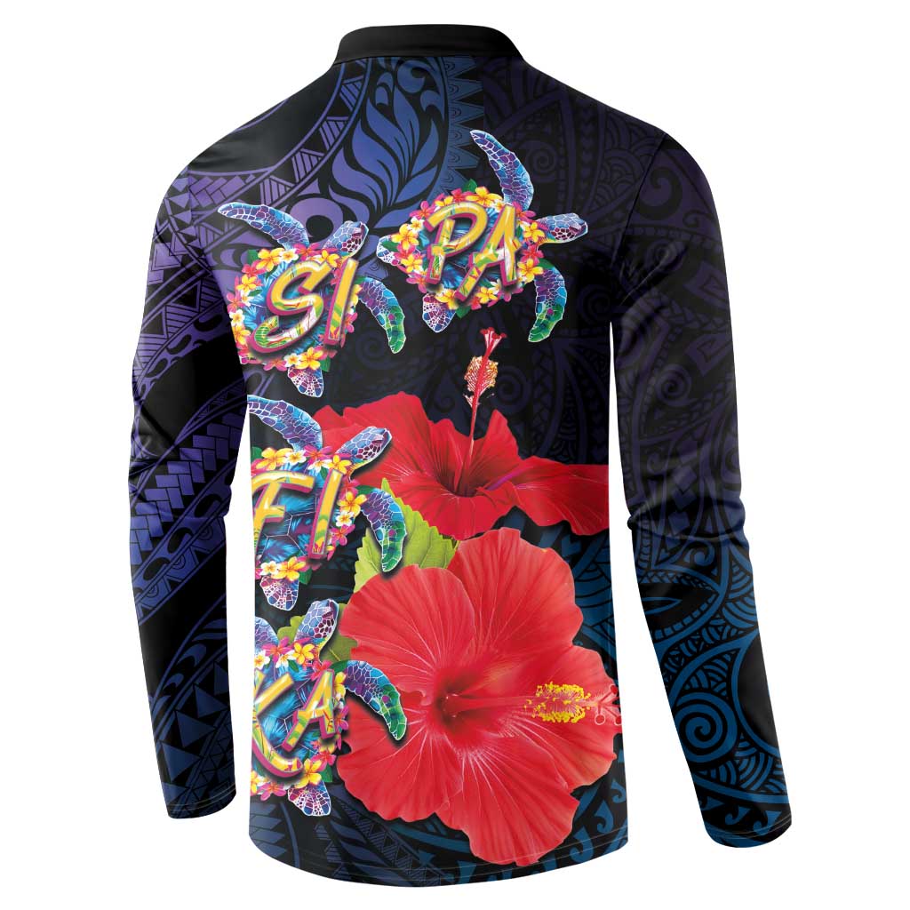Pasifika Festival Button Sweatshirt Plumeria Turtles with Hibiscus - Polynesian Art Tattoo Dark Navy Color