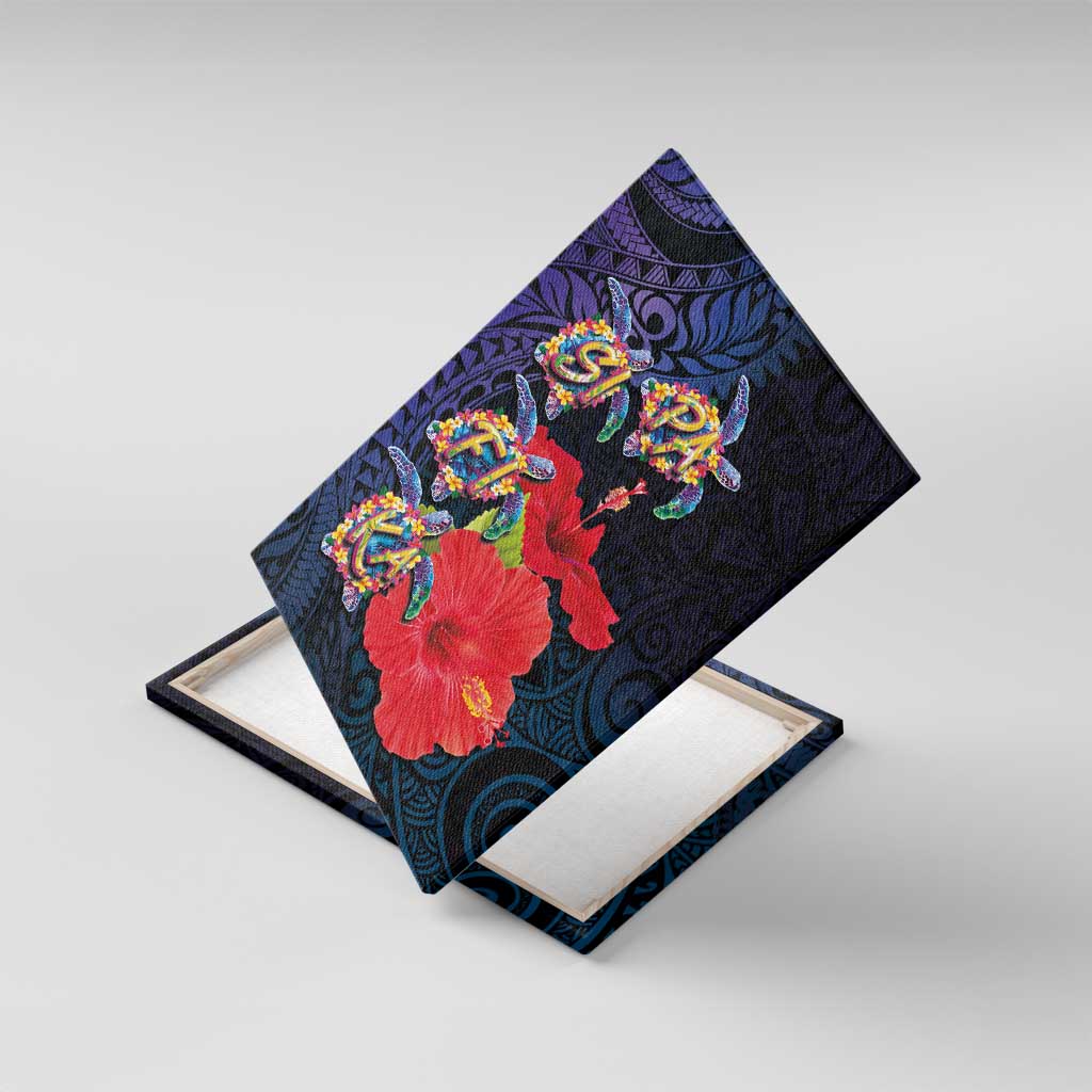 Pasifika Festival Canvas Wall Art Plumeria Turtles with Hibiscus - Polynesian Art Tattoo Dark Navy Color LT03 With Frame Dark Navy - Polynesian Pride