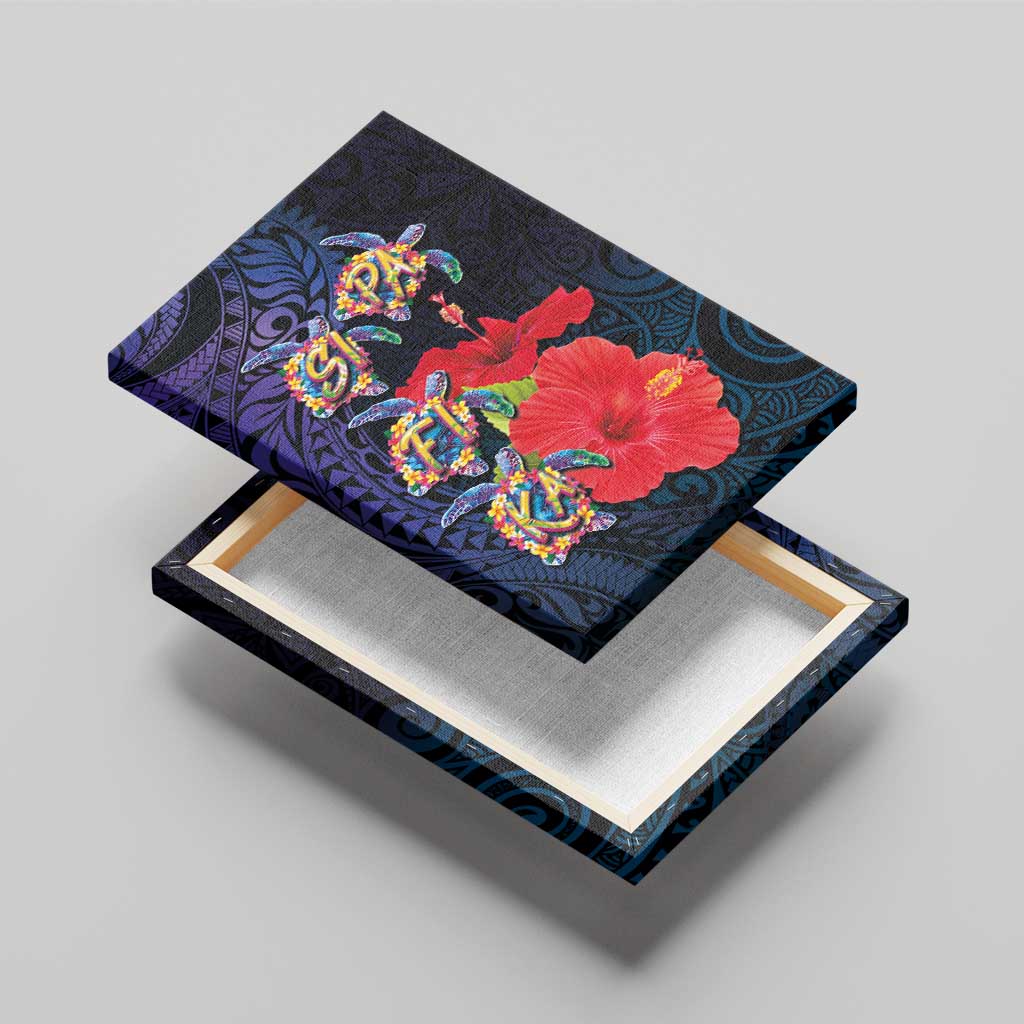 Pasifika Festival Canvas Wall Art Plumeria Turtles with Hibiscus - Polynesian Art Tattoo Dark Navy Color LT03 - Polynesian Pride