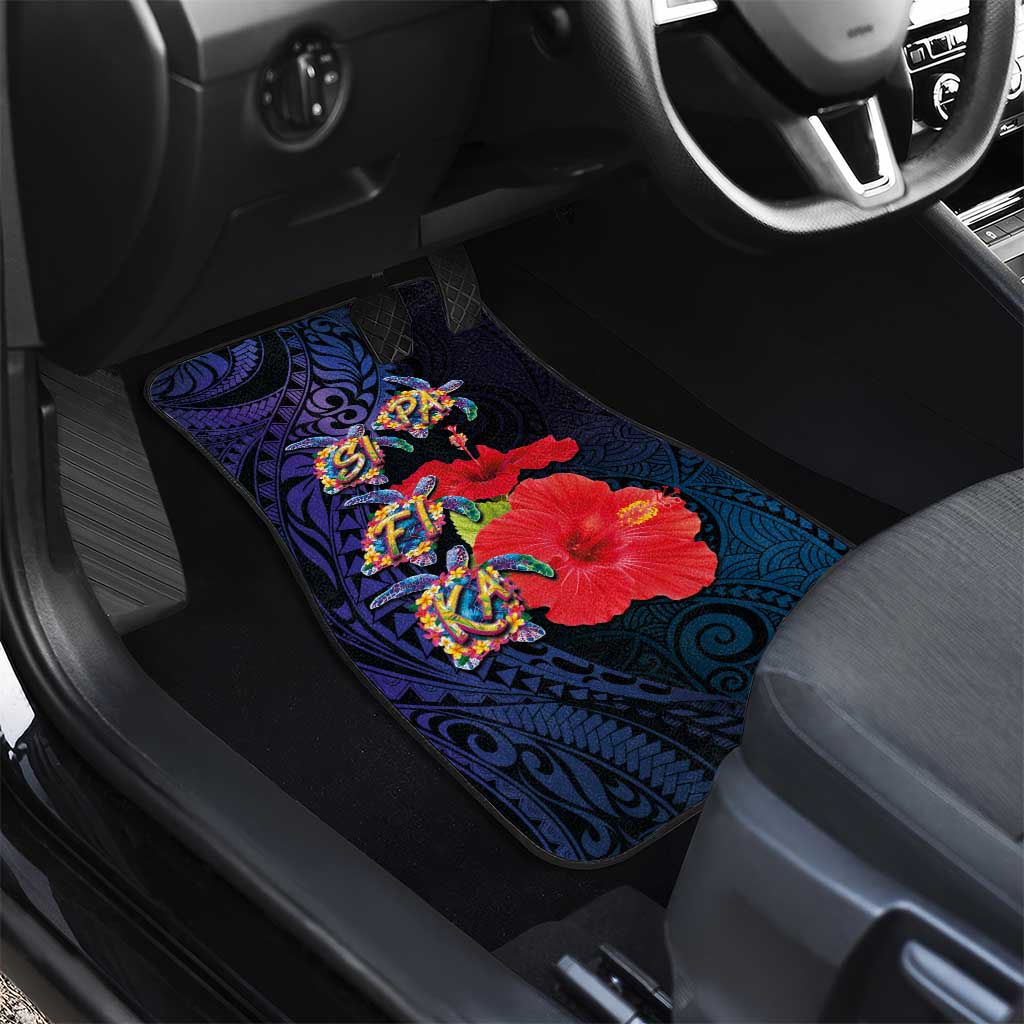 Pasifika Festival Car Mats Plumeria Turtles with Hibiscus - Polynesian Art Tattoo Dark Navy Color