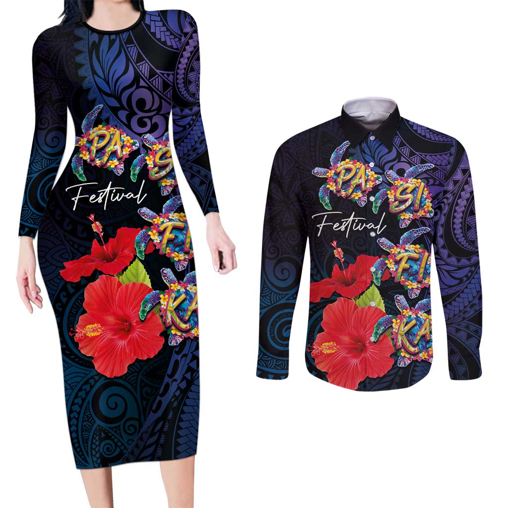 Pasifika Festival Couples Matching Long Sleeve Bodycon Dress and Long Sleeve Button Shirt Plumeria Turtles with Hibiscus - Polynesian Art Tattoo Dark Navy Color