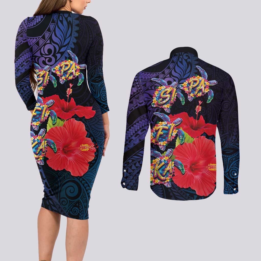 Pasifika Festival Couples Matching Long Sleeve Bodycon Dress and Long Sleeve Button Shirt Plumeria Turtles with Hibiscus - Polynesian Art Tattoo Dark Navy Color