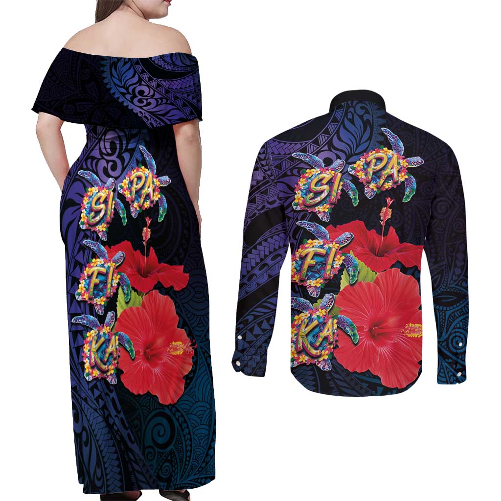 Pasifika Festival Couples Matching Off Shoulder Maxi Dress and Long Sleeve Button Shirt Plumeria Turtles with Hibiscus - Polynesian Art Tattoo Dark Navy Color