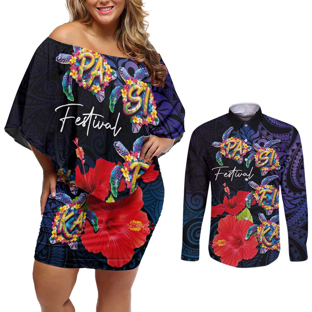Pasifika Festival Couples Matching Off Shoulder Short Dress and Long Sleeve Button Shirt Plumeria Turtles with Hibiscus - Polynesian Art Tattoo Dark Navy Color