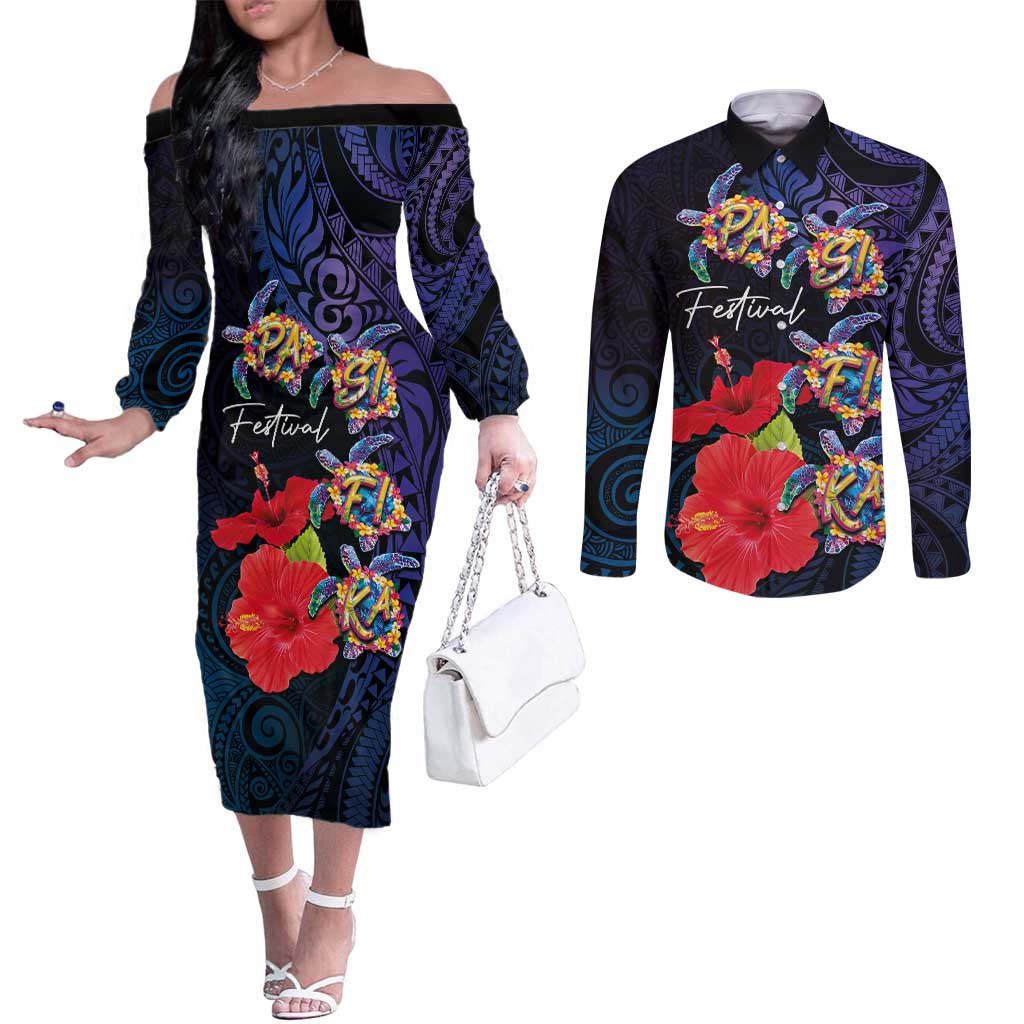 Pasifika Festival Couples Matching Off The Shoulder Long Sleeve Dress and Long Sleeve Button Shirt Plumeria Turtles with Hibiscus - Polynesian Art Tattoo Dark Navy Color
