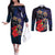 Pasifika Festival Couples Matching Off The Shoulder Long Sleeve Dress and Long Sleeve Button Shirt Plumeria Turtles with Hibiscus - Polynesian Art Tattoo Dark Navy Color