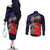 Pasifika Festival Couples Matching Off The Shoulder Long Sleeve Dress and Long Sleeve Button Shirt Plumeria Turtles with Hibiscus - Polynesian Art Tattoo Dark Navy Color