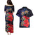 Pasifika Festival Couples Matching Puletasi and Hawaiian Shirt Plumeria Turtles with Hibiscus - Polynesian Art Tattoo Dark Navy Color