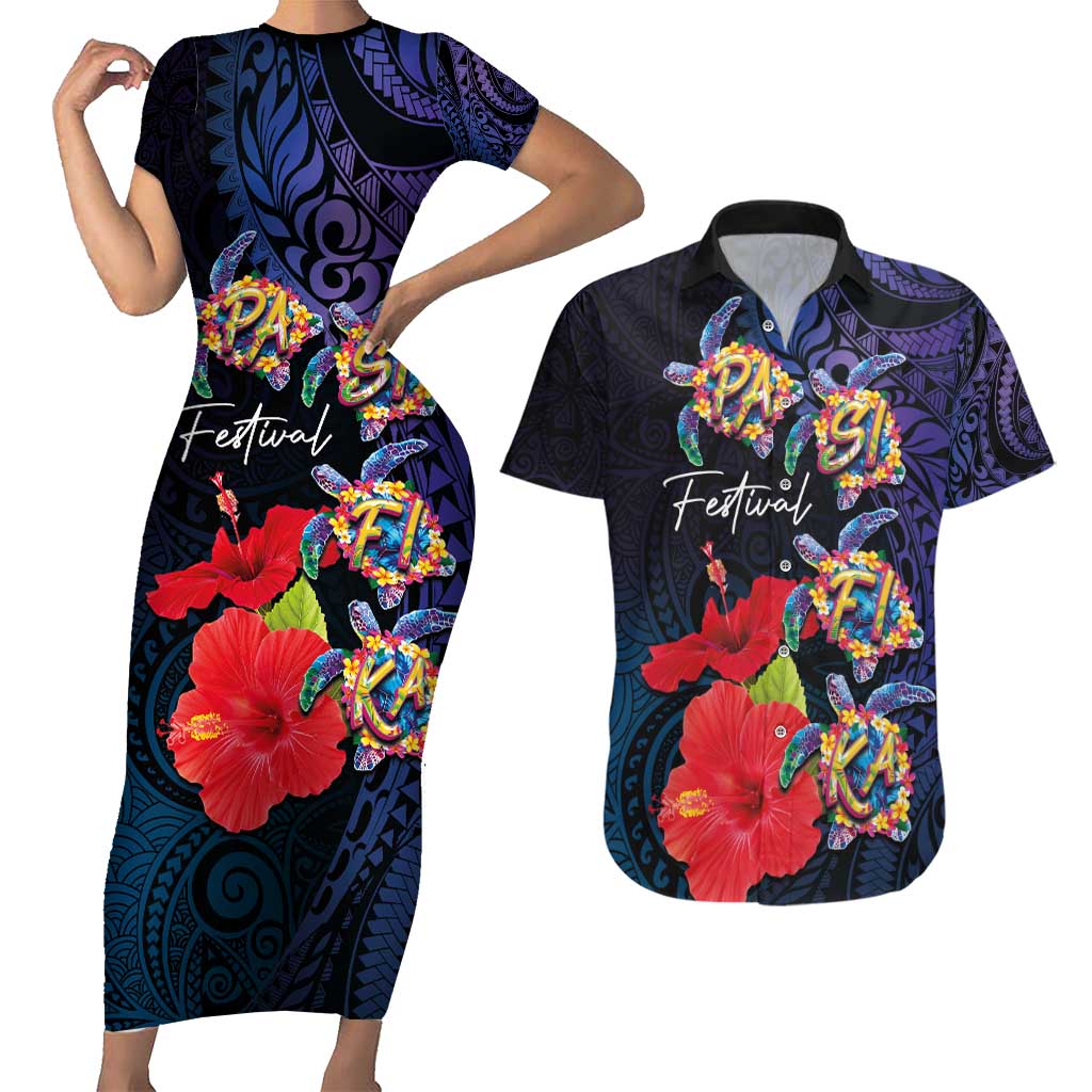 Pasifika Festival Couples Matching Short Sleeve Bodycon Dress and Hawaiian Shirt Plumeria Turtles with Hibiscus - Polynesian Art Tattoo Dark Navy Color